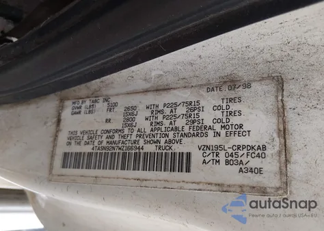 1998 Toyota Tacoma Prerunner V6 из США, поврежденный, VIN 4TASN92N7WZ166944